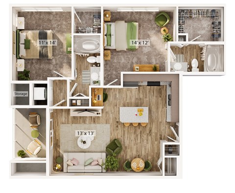 A detailed 3D floor plan of a small apartment layout.